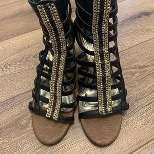 Rhinestone and chain gladiator wedge heels